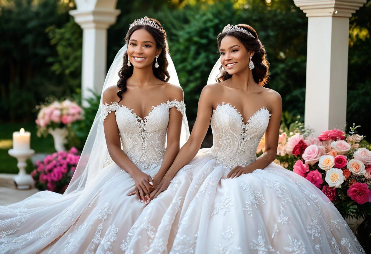 An exquisite scene showcasing a joyful bride in a stunning, flowing wedding gown adorned with intricate lace and sparkling embellishments. Surround her with vibrant floral arrangements and elegant accessories like a sparkling tiara and delicate jewelry. The background features a dreamy outdoor wedding setup with soft lighting and pastel colors, evoking a sense of romance and celebration. Capture the essence of happiness and elegance. super-realistic. vibrant colors. soft focus.