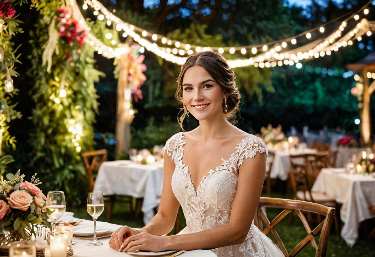 A whimsical wedding scene featuring a radiant bride in a stunning gown adorned with intricate lace, surrounded by vibrant floral decorations and elegant table settings. The backdrop showcases a breathtaking outdoor venue with fairy lights and lush greenery. Include joyful guests celebrating the occasion, encapsulating the joyous atmosphere of a wedding. soft focus, romantic lighting, pastel colors.