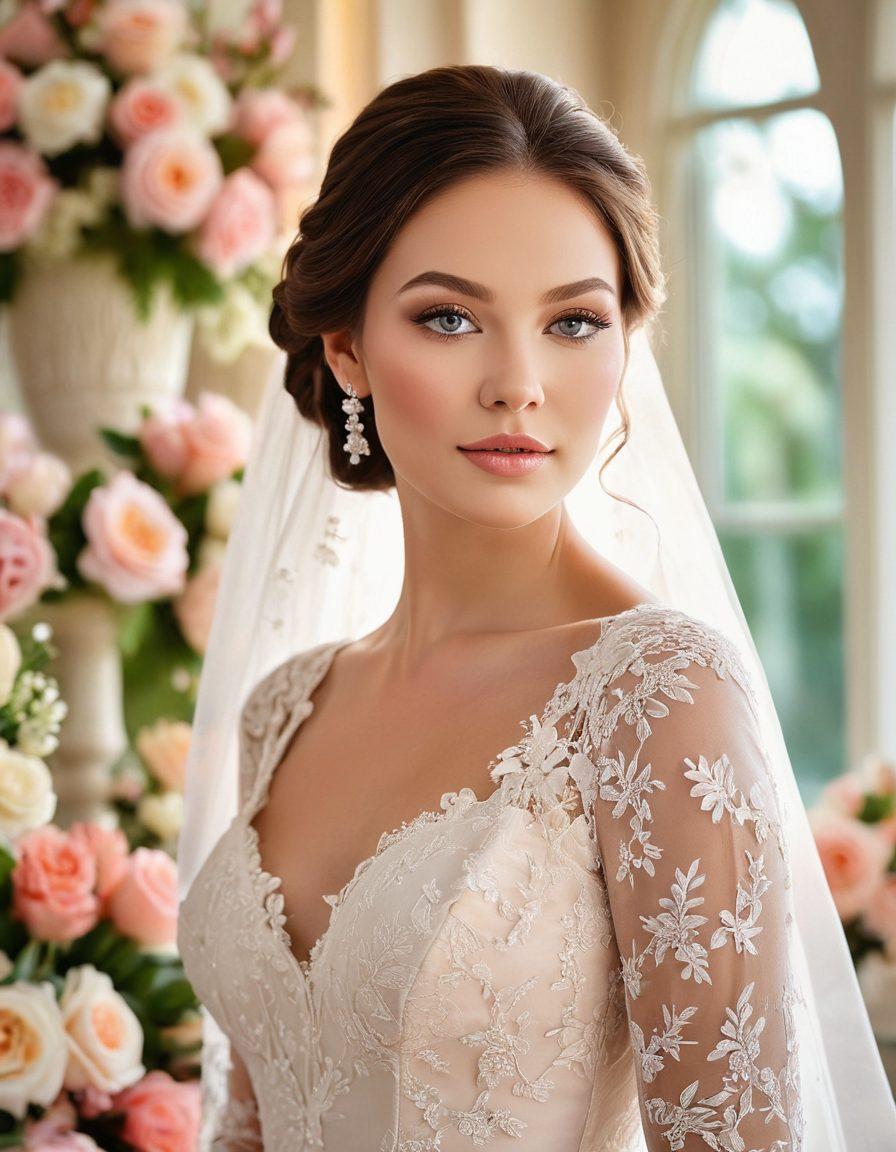 A serene wedding scene capturing a radiant bride with flawless makeup, surrounded by blooming flower arrangements. Include a soft-focus background of a beautifully decorated ceremony space, with gentle lighting that enhances the romantic atmosphere. Incorporate elements of elegance, such as delicate lace and shimmering details in the bride's attire. Silhouettes of guests enjoying the moment add a sense of celebration. super-realistic. pastel colors. dreamy ambiance.